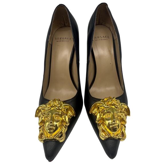 Versace Leather La Medusa Embellished Pointed Toe Pumps Heels Black Size 36 - Picture 9 of 10